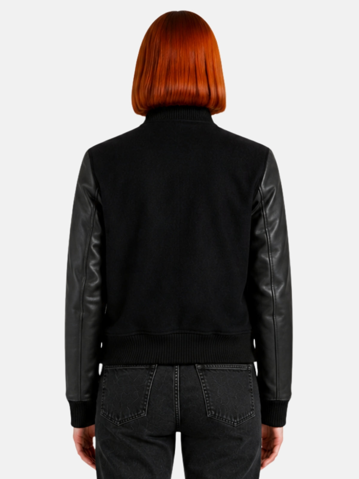 Back view of womens triple black varsity jacket with clean, patch-free back panel
