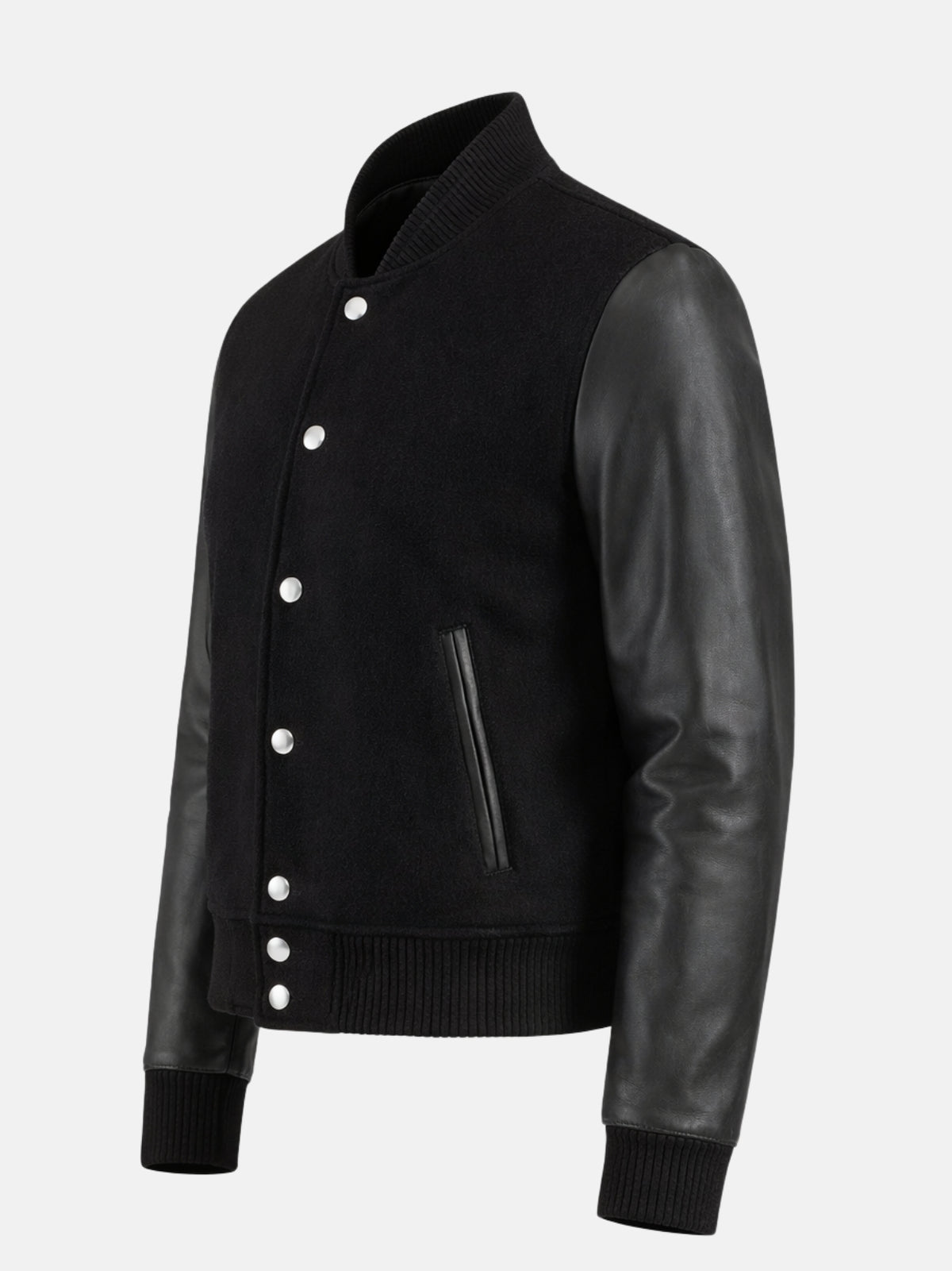 Angled front view of triple black womens varsity jacket with snap placket