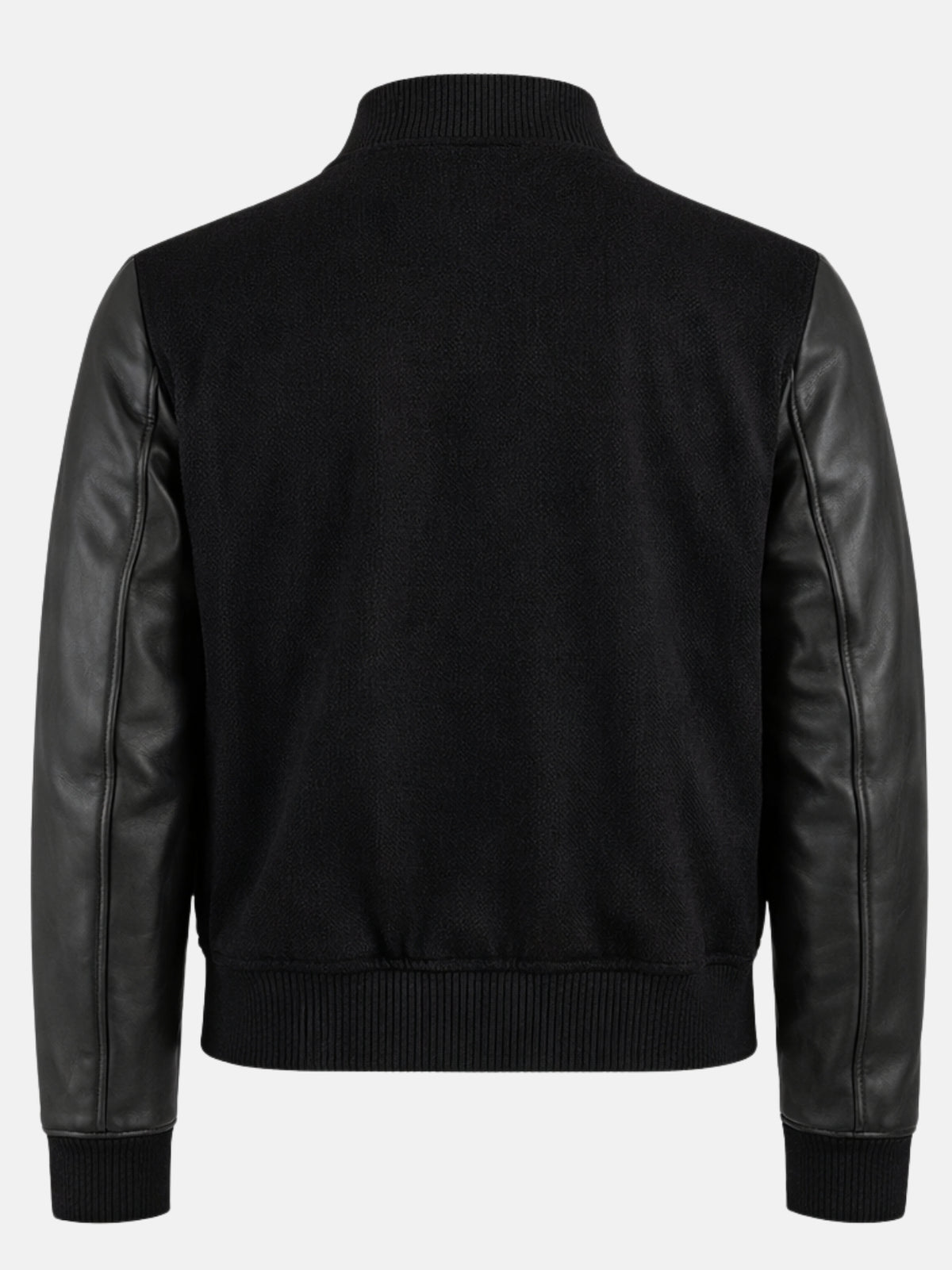 Flat back shot of triple black wool varsity jacket with leather sleeves