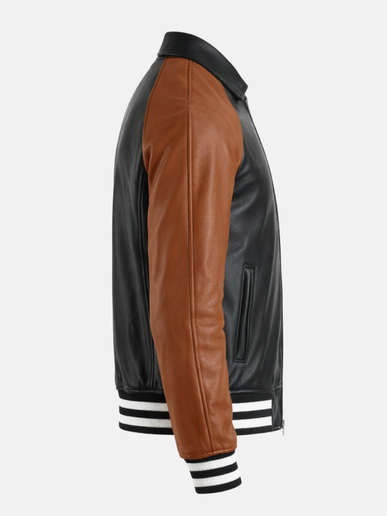 Side view of two tone black and brown leather varsity jacket