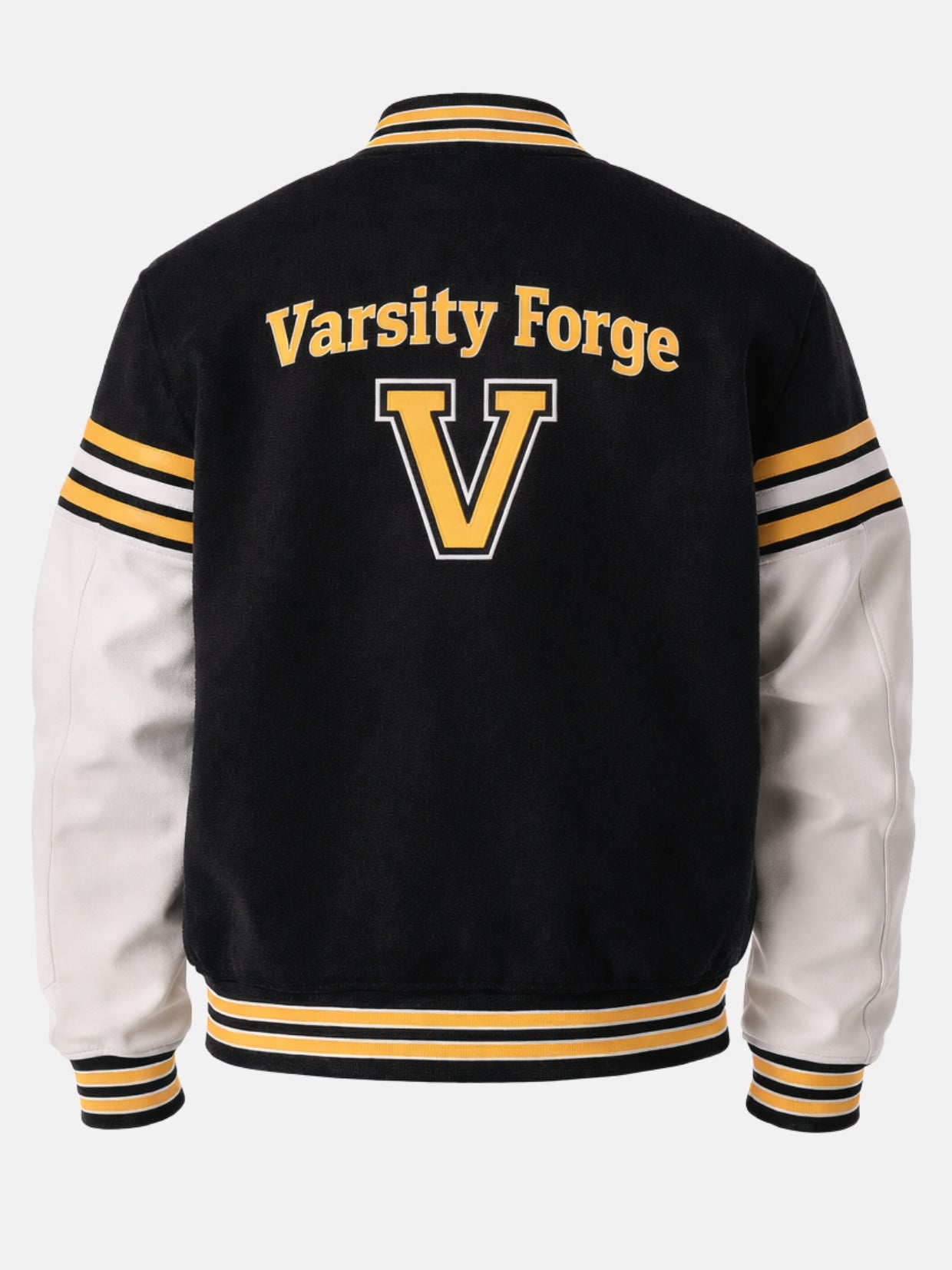 Back of black varsity jacket with Varsity Forge lettering and gold chenille V patch