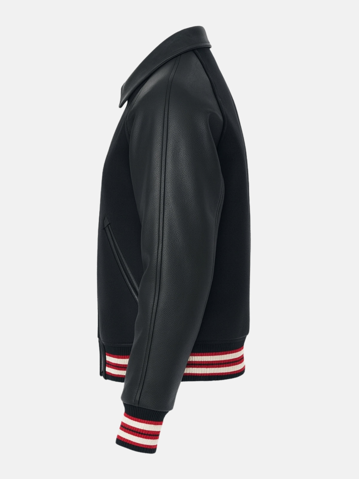 Black leather arrow-tipped welt pocket on wool varsity jacket, side view