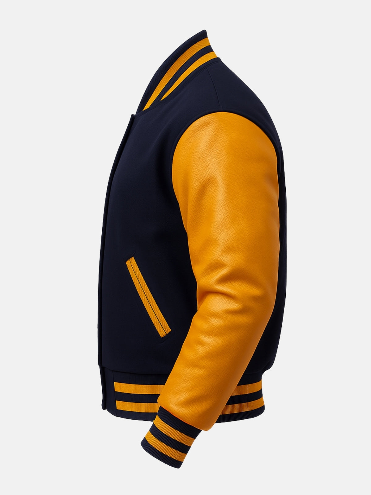 Top grain cowhide sleeve in gold with navy striped rib-knit cuff on wool varsity jacket