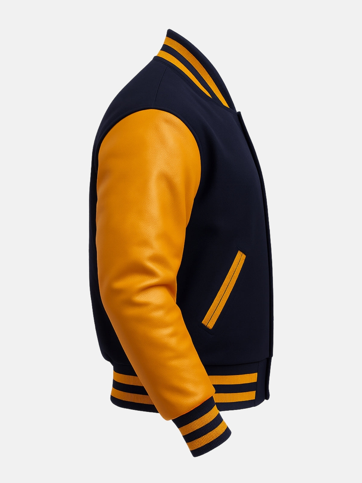 Gold leather-trimmed welt pocket and ribbed waistband on navy college jacket, left side view