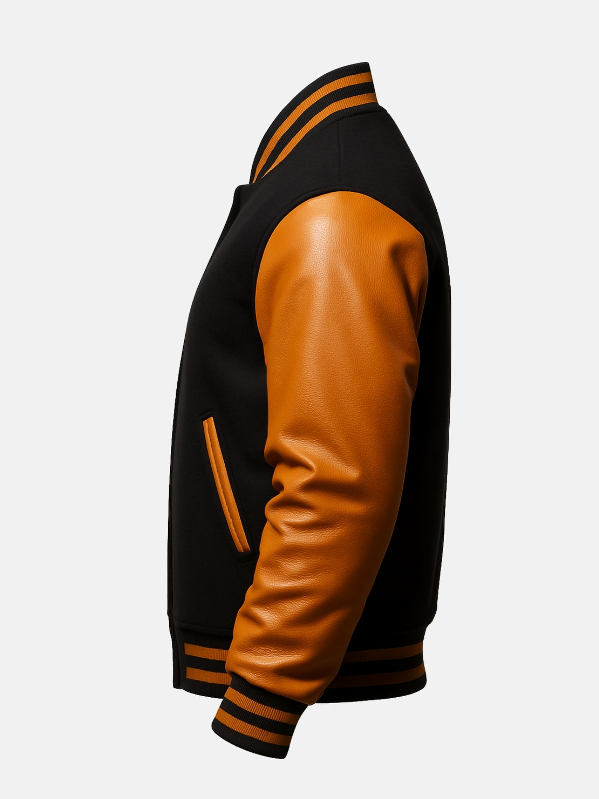 Gold leather-piped welt pocket on black wool varsity jacket, side profile