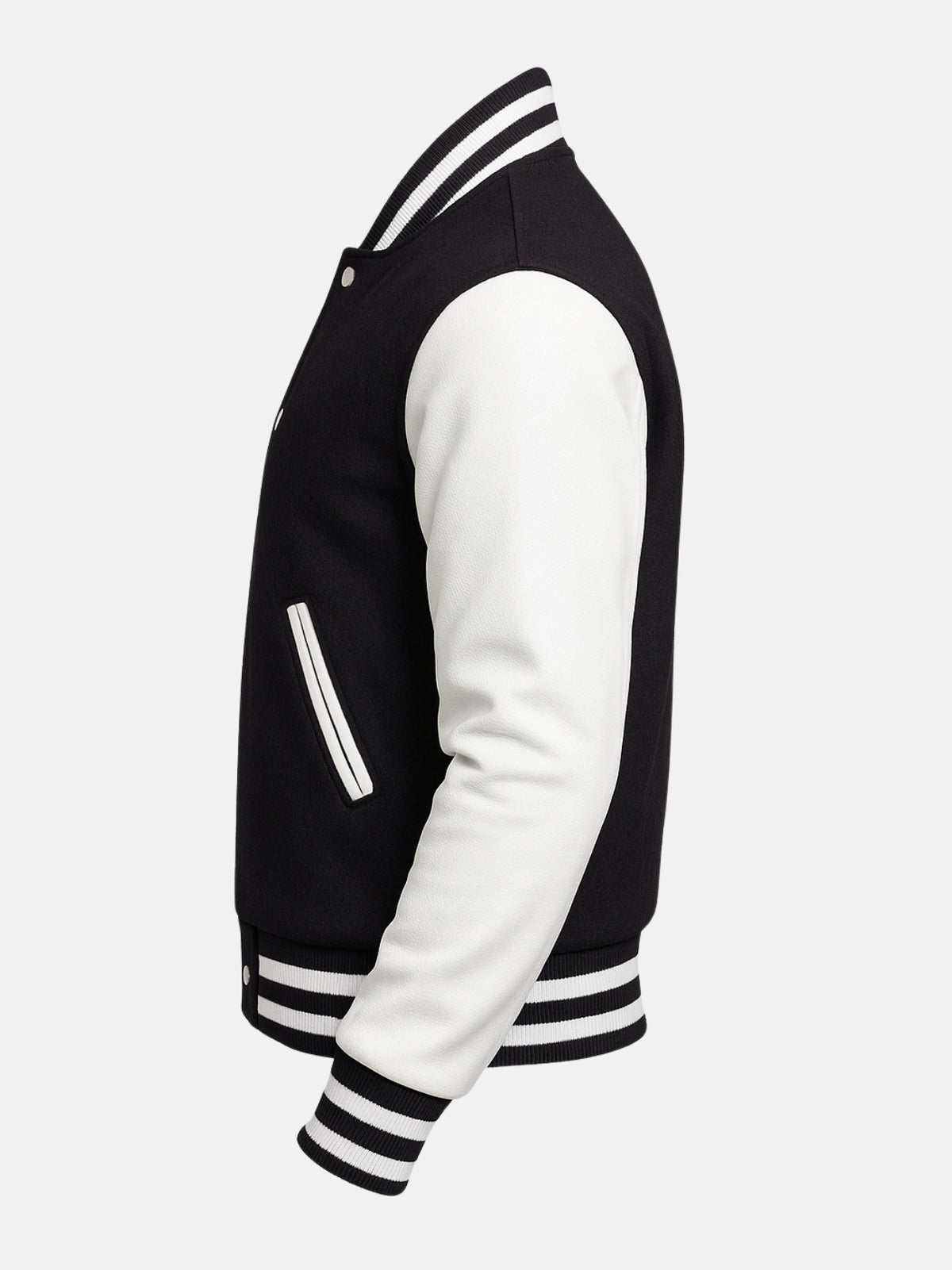 White top grain cowhide sleeve with black and white striped cuff on wool letterman jacket