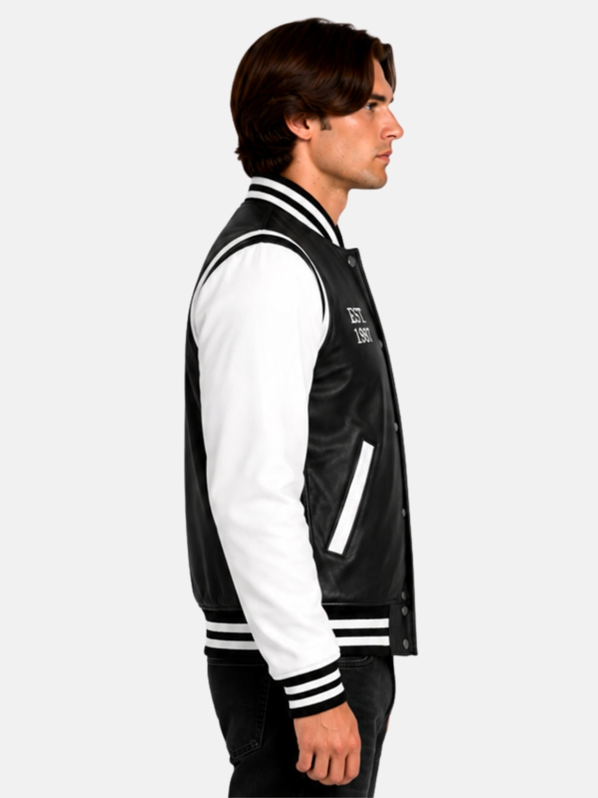 Side profile of vintage leather letterman jacket with white sleeve and striped trims