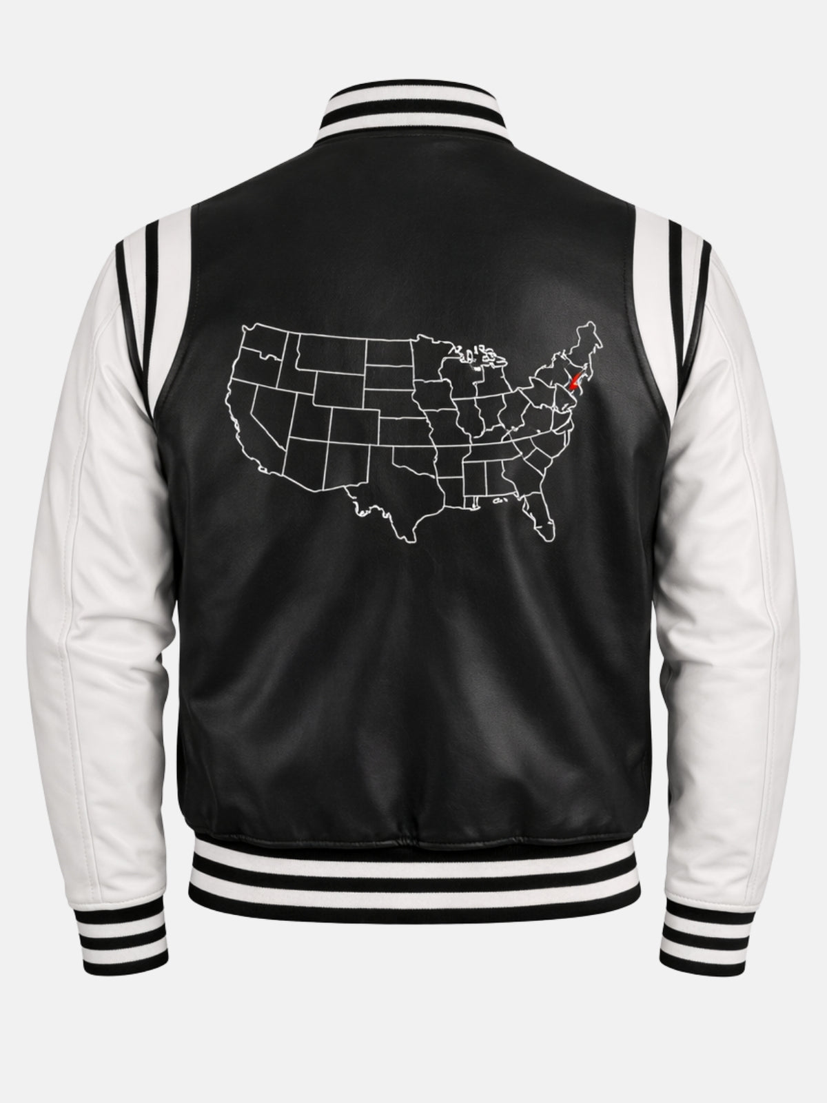 Embroidered USA map outline on back of vintage leather letterman jacket