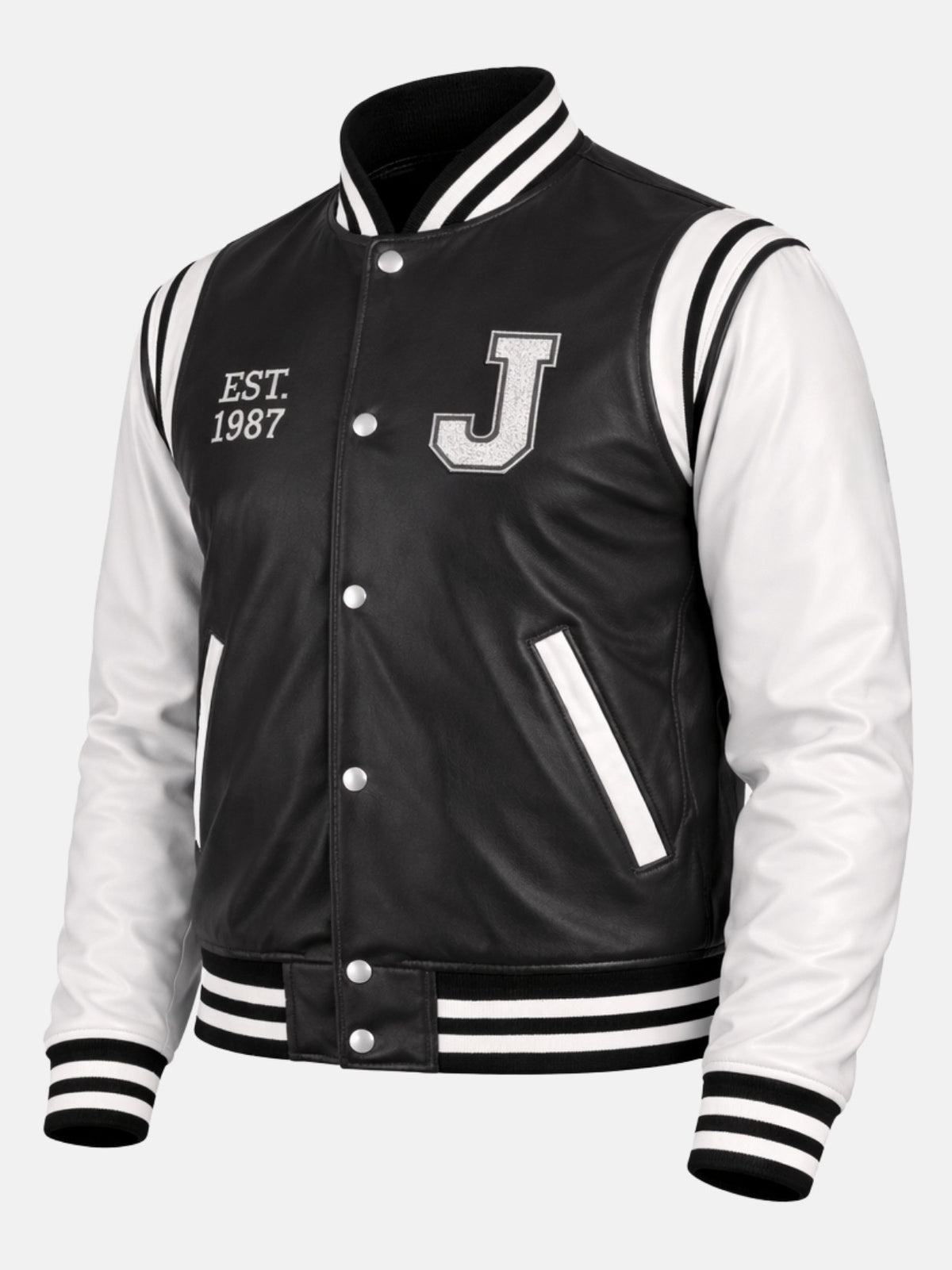 Angled view of vintage leather varsity jacket with J letter patch and Est 1987 detail