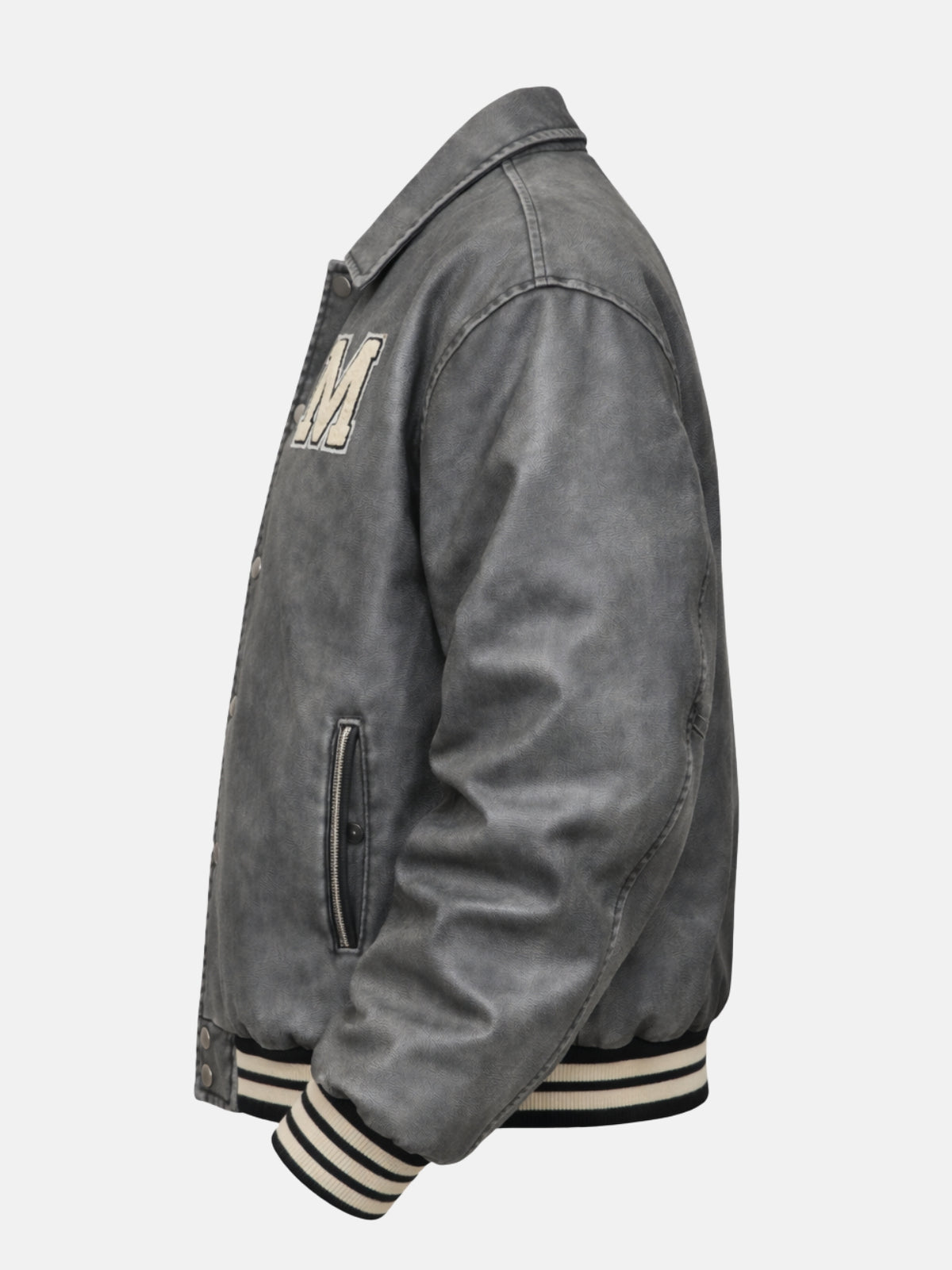 Reverse side view of a vintage-wash grey leather varsity jacket with striped knit trims