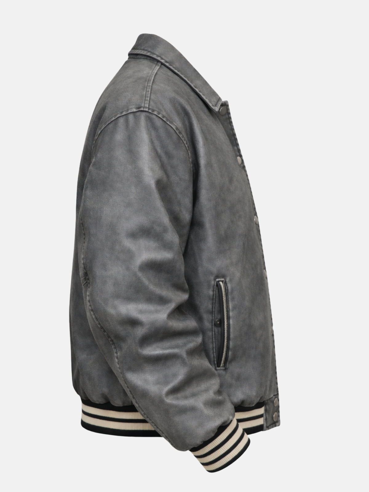 Side view of a washed grey leather letterman jacket showing zippered welt pocket