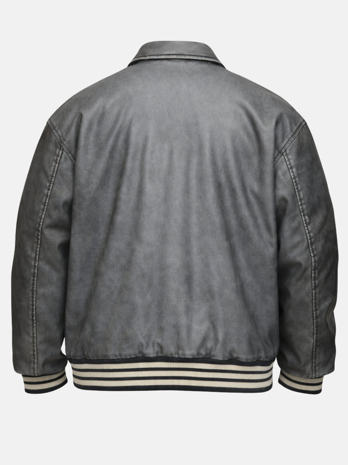  Plain back panel of a vintage-washed grey leather varsity jacket, flat product shot