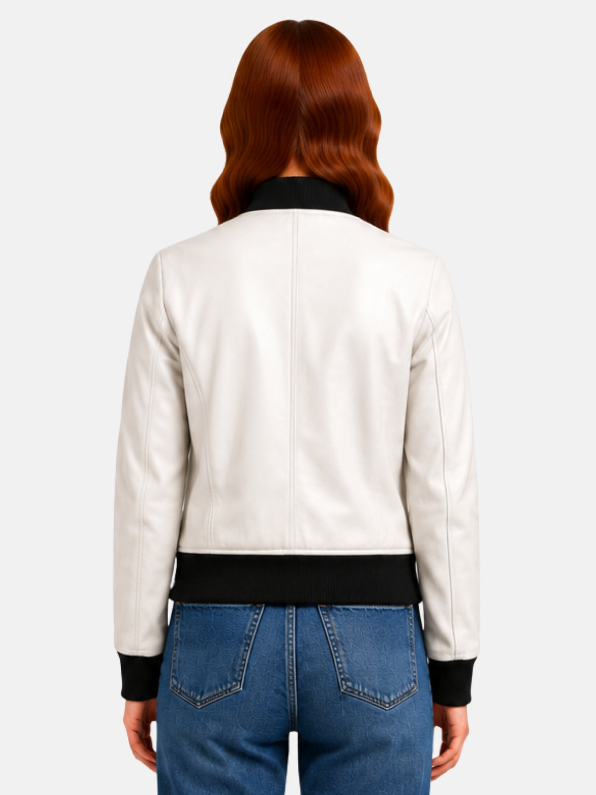 Back view of white leather jacket with black ribbed collar and center back seam