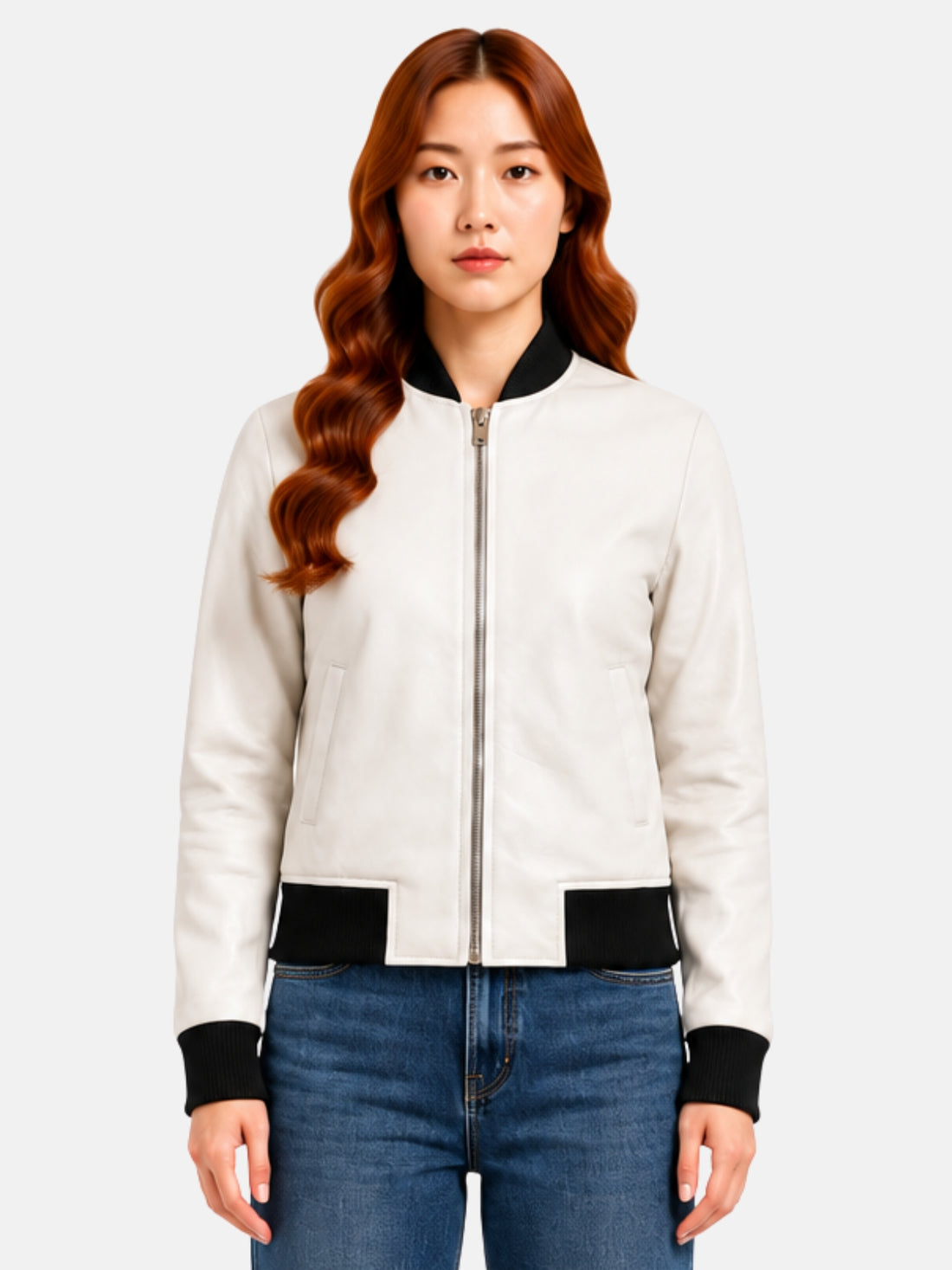 White leather bomber jacket with black ribbed collar and silver zipper on model