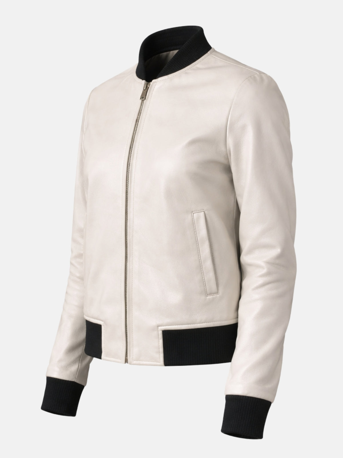 Angled flat lay of white leather jacket showing zipper pull and black cuff trim