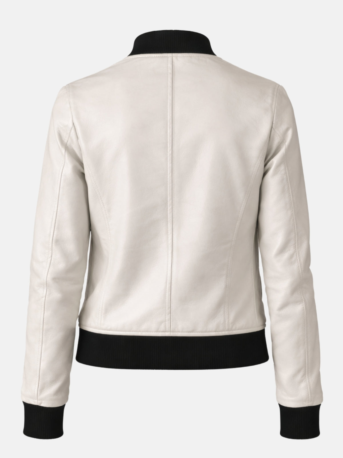 Flat lay back of white leather jacket showing the center back seam construction