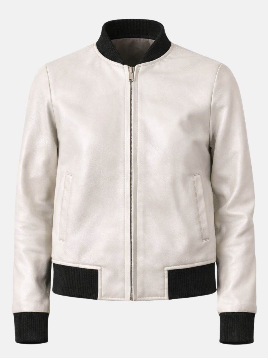 White leather bomber jacket with black ribbed collar and silver zipper on model