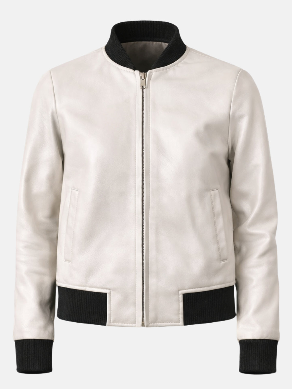 Flat lay of white leather jacket with black ribbing, silver zip, and welt pockets