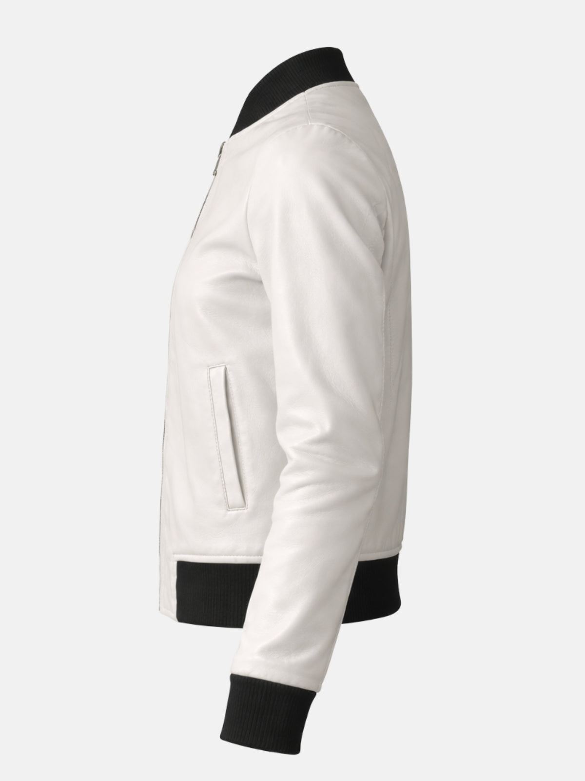 Flat lay side view of white leather jacket highlighting the black ribbed waistband