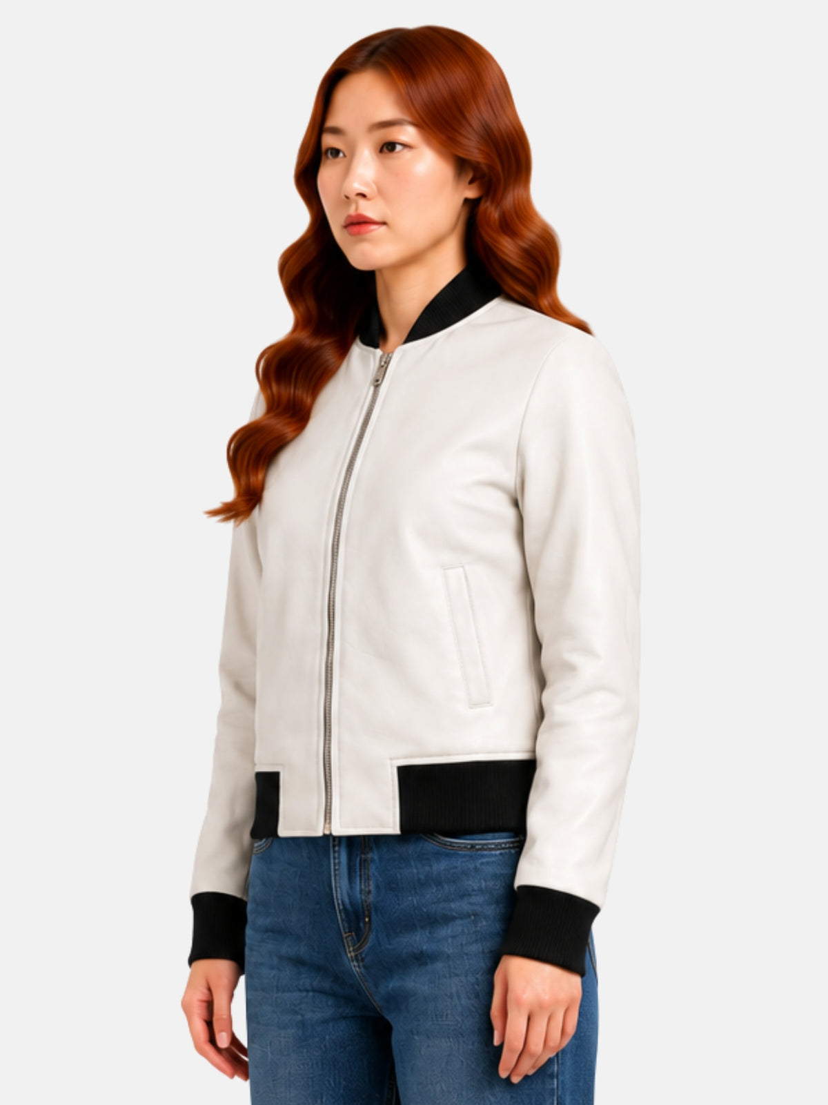 Full-length view of white leather jacket with black trim over dark denim