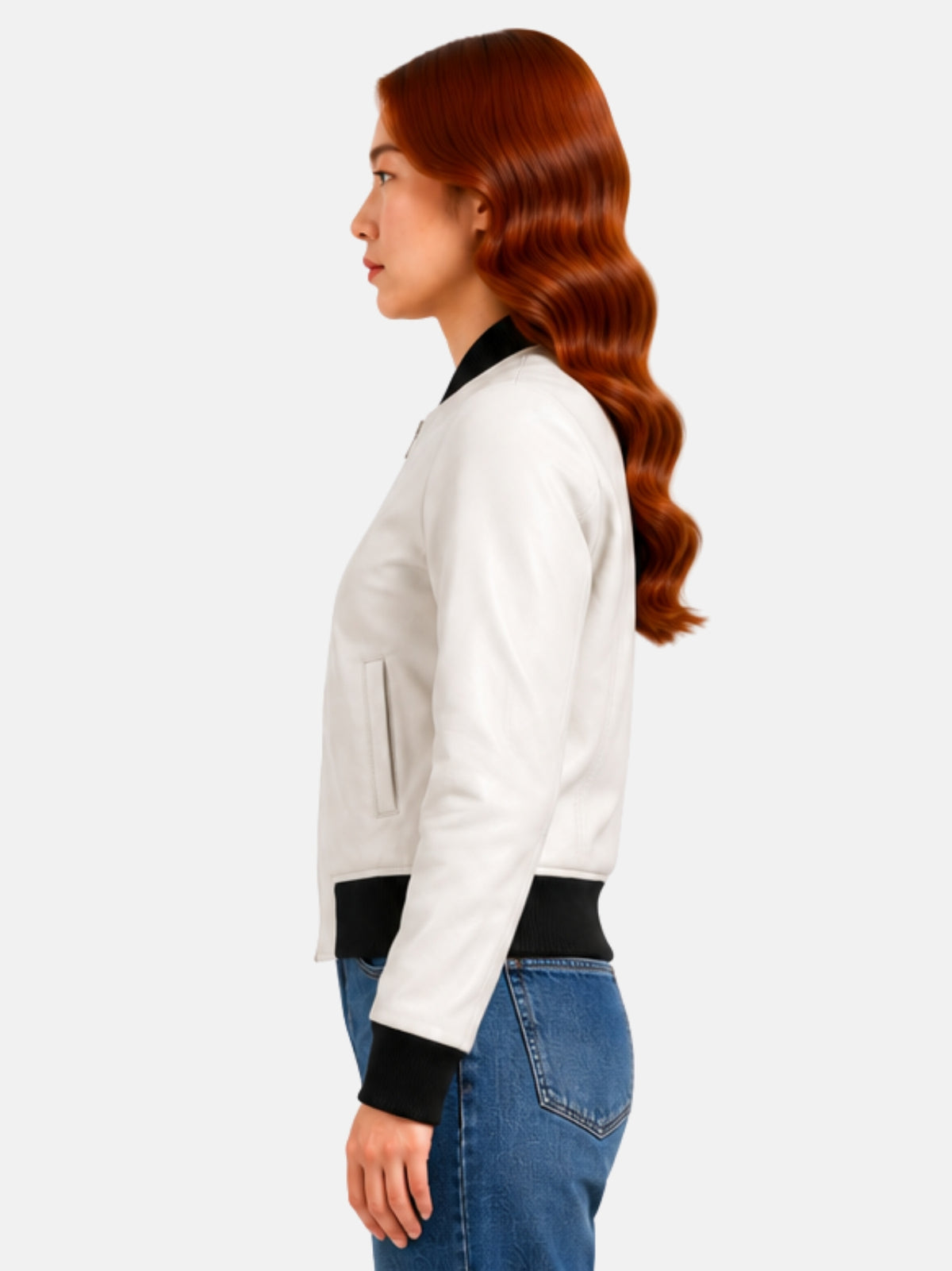 Side profile of white leather jacket showing vertical welt pocket and black cuff