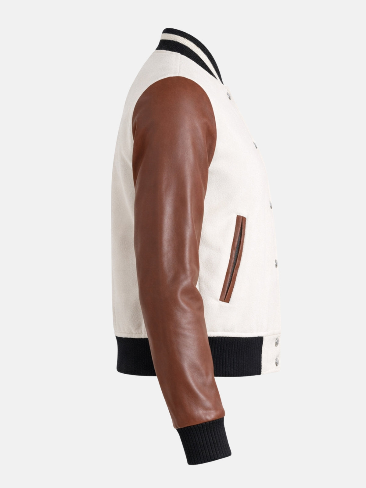 Side flat view of white varsity jacket showing brown welt trim and striped hem