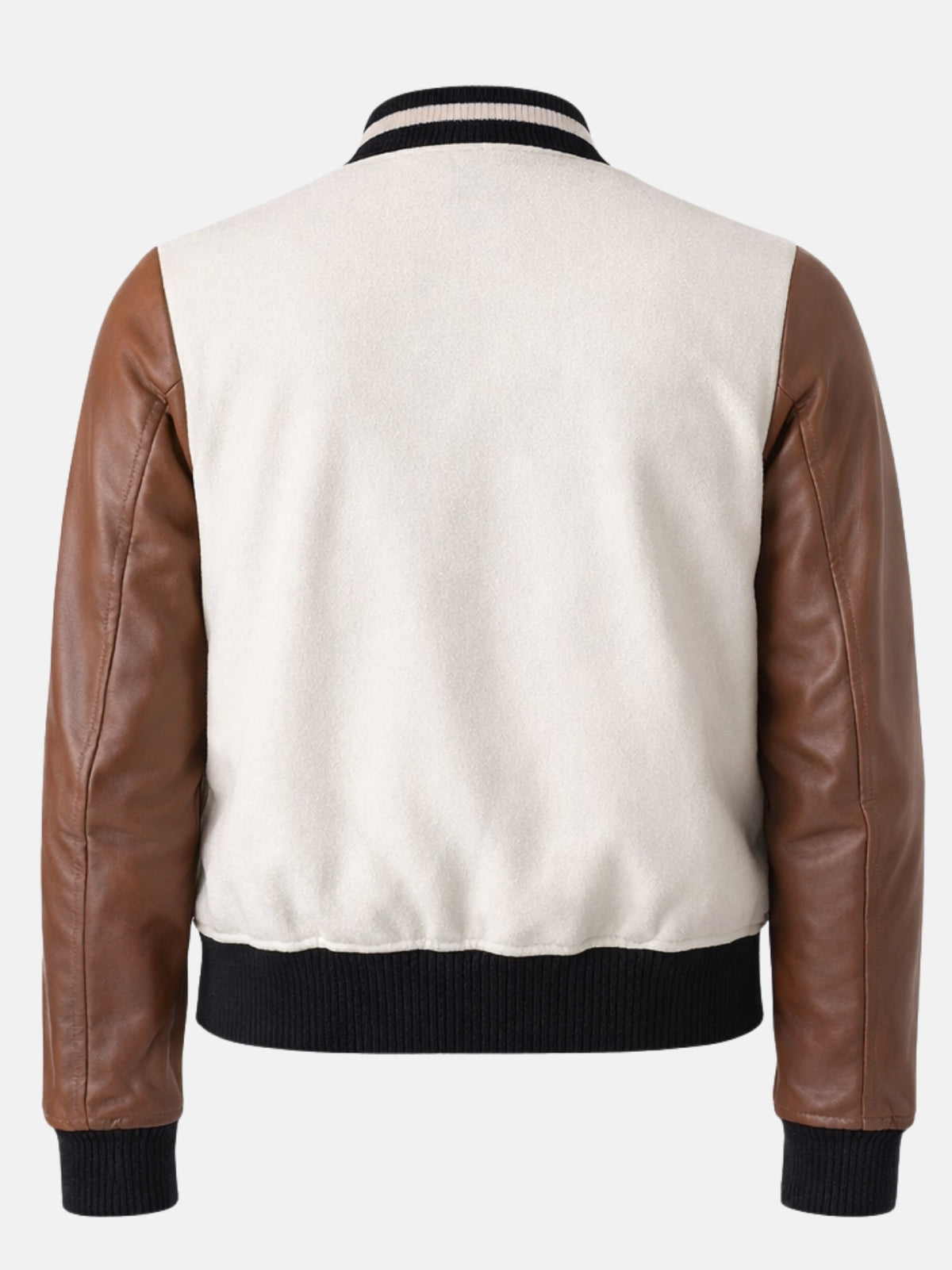 Flat back shot of off-white wool varsity jacket with brown leather sleeves