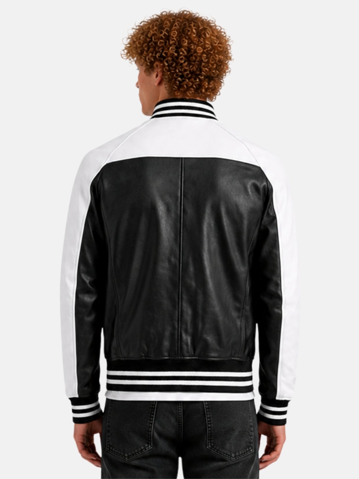 Model showing white yoke on back of black leather varsity jacket