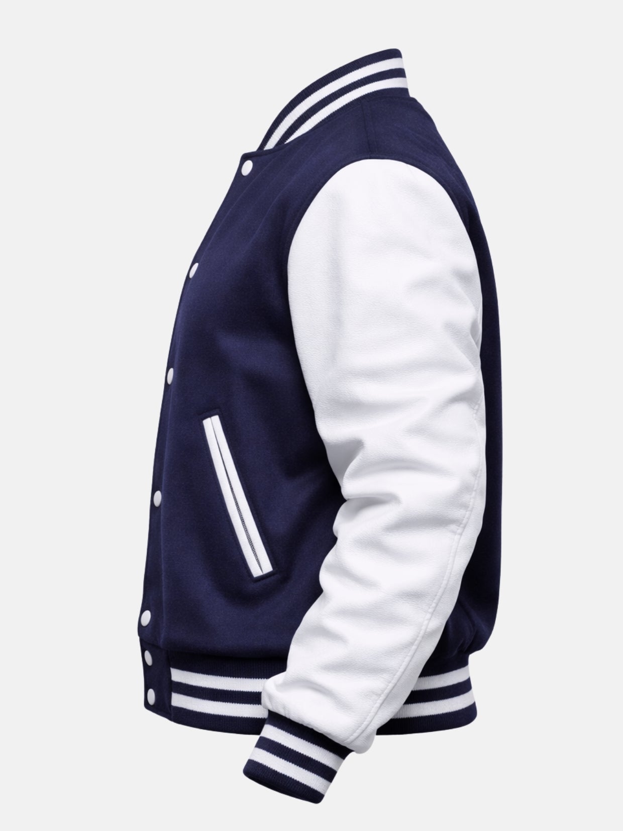 Women’s navy and white varsity jacket with ribbed trim, left view