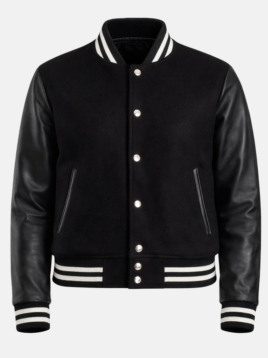Woman wearing an all black varsity jacket with leather sleeves and striped trims