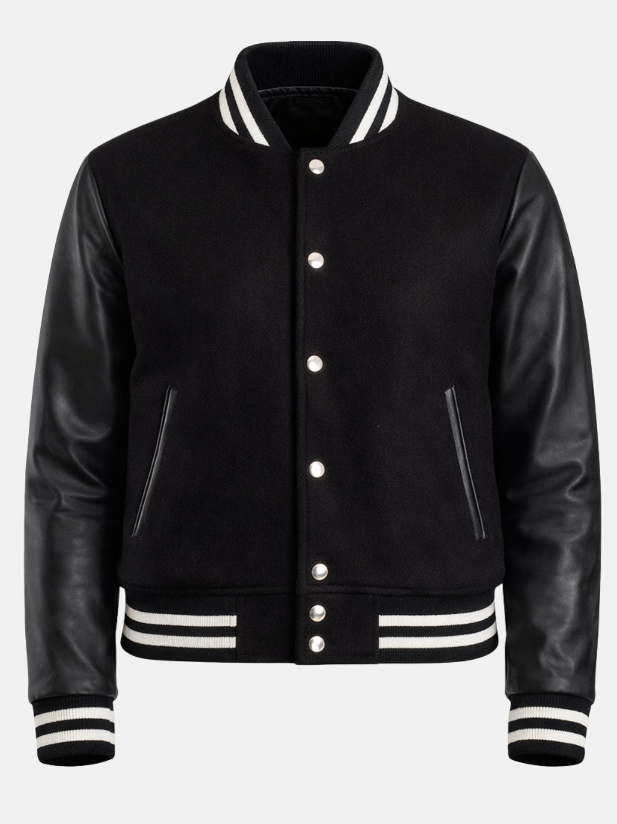 Womens all black varsity jacket flat front with silver snaps and striped collar