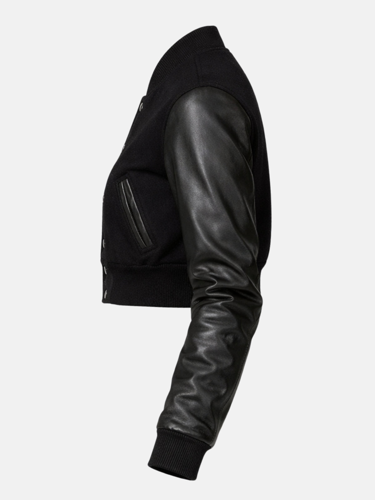 Women’s black cropped varsity jacket with leather sleeves and ribbed trim, left view