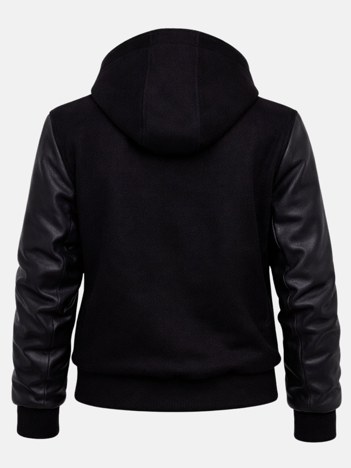 Flat back shot of black hooded varsity jacket showing hood and leather sleeves