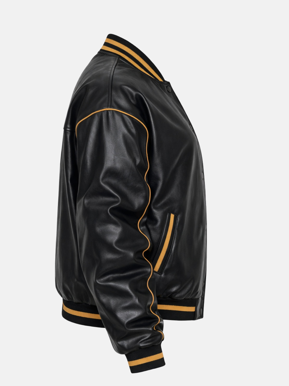 Women’s black leather varsity jacket with gold trim and ribbed details, right view