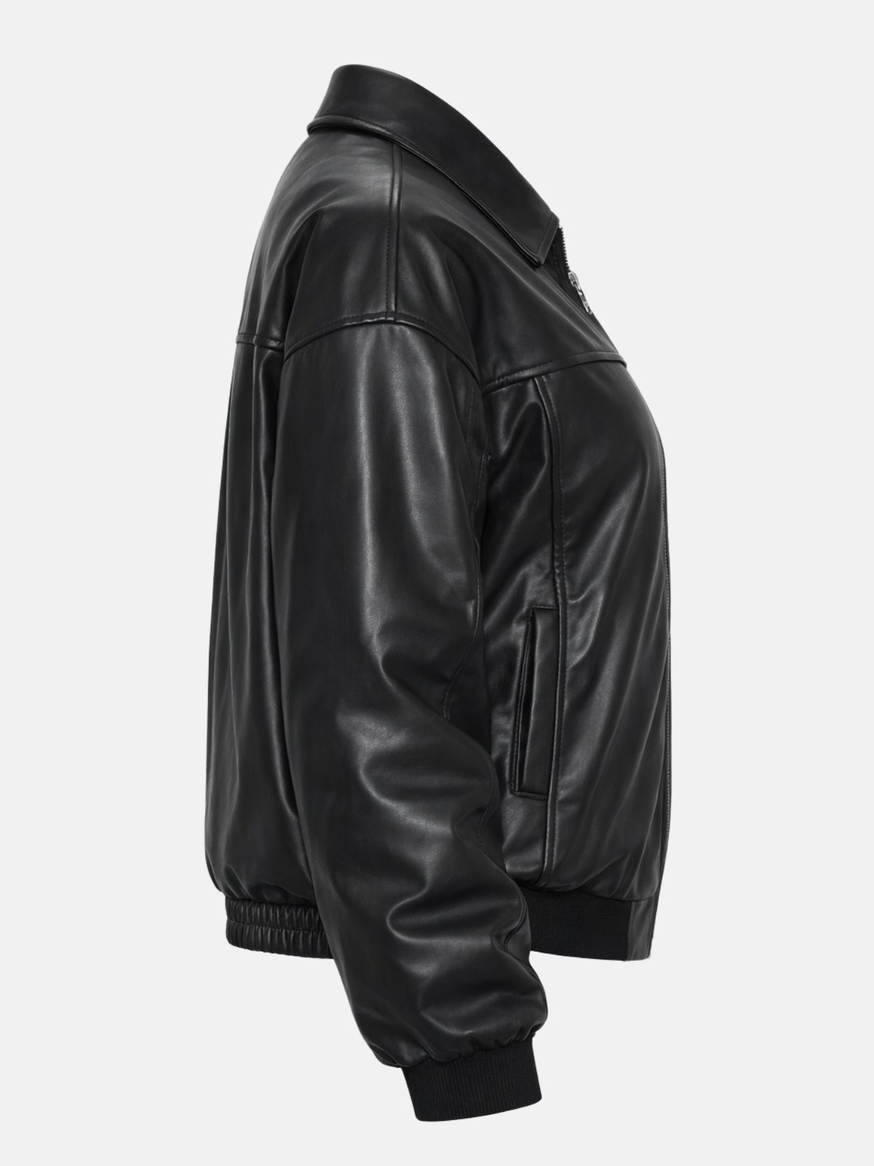 Women’s black leather varsity jacket with ribbed hem and bomber fit, right view