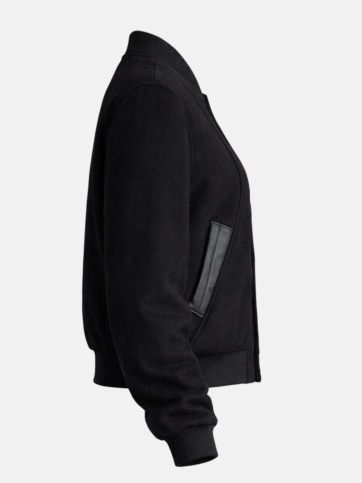 Women’s black varsity jacket with clean ribbed trim and snap front, right view