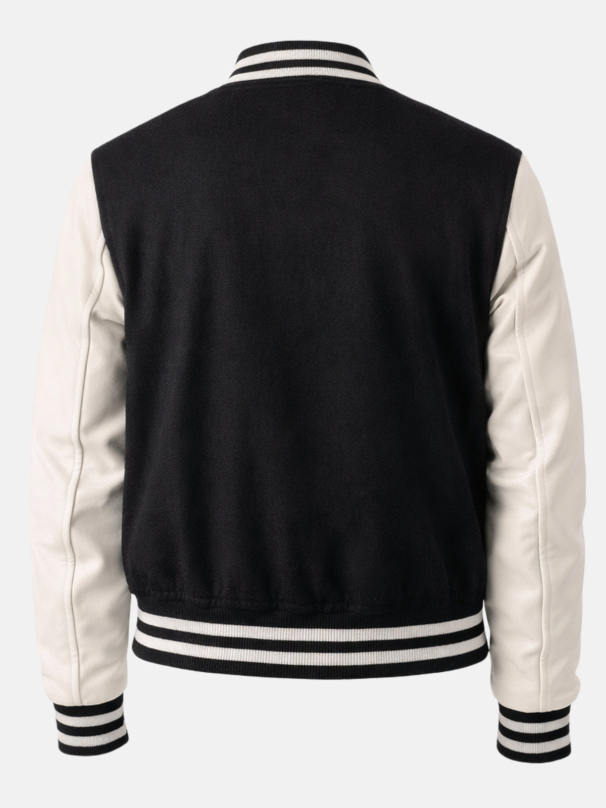 Flat back shot of black womens varsity jacket with white leather sleeves