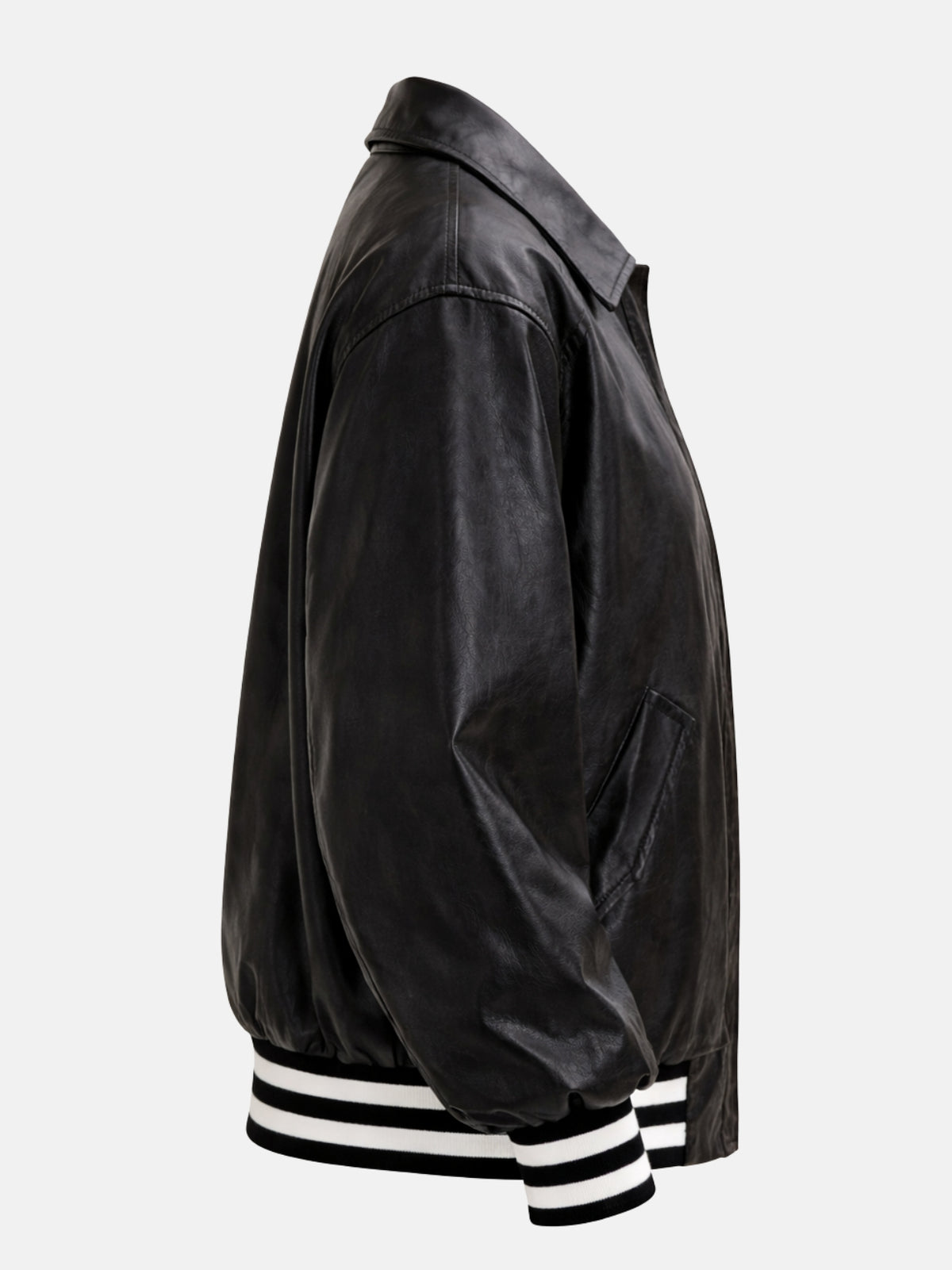 Women’s black leather varsity jacket with ribbed cuffs and snap front, left view