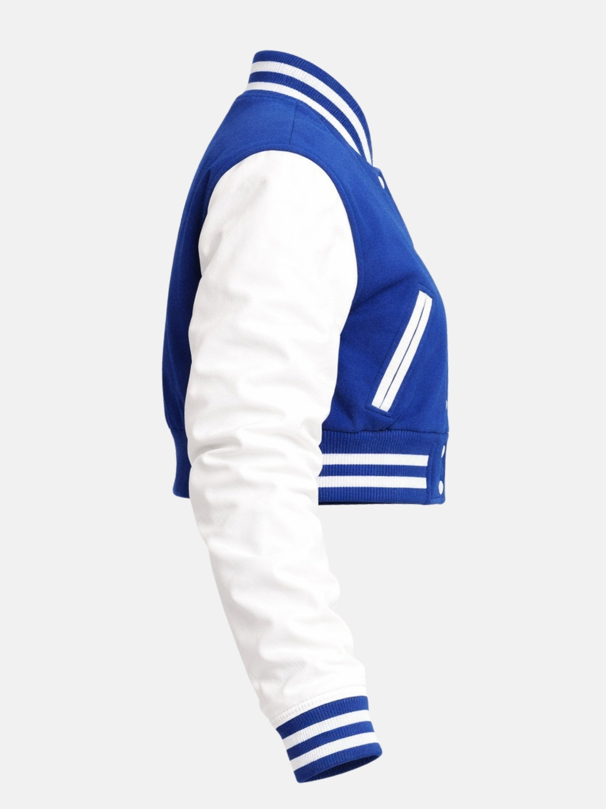 Women’s blue cropped varsity jacket with leather sleeves and ribbed trim, right view