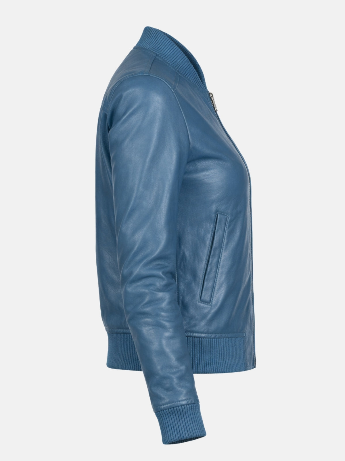 Women’s blue leather varsity jacket with ribbed collar and zip front, right view