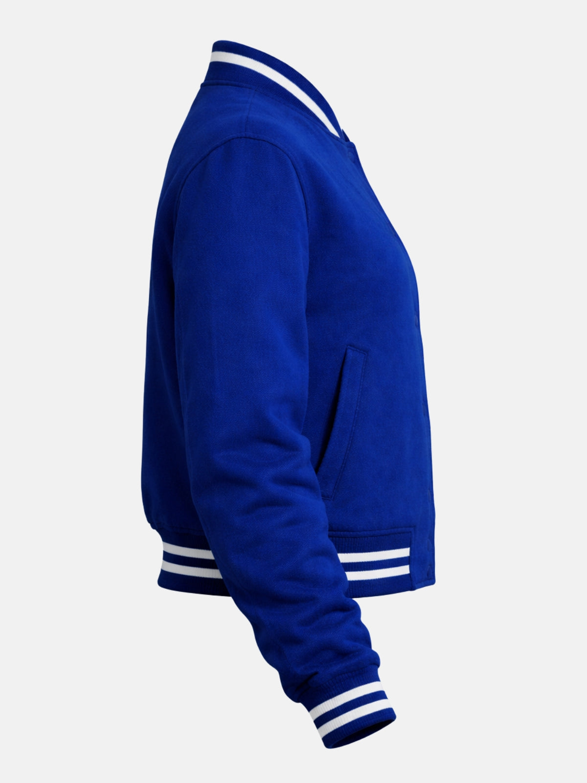 Women’s blue varsity jacket with ribbed cuffs and snap closure, right view