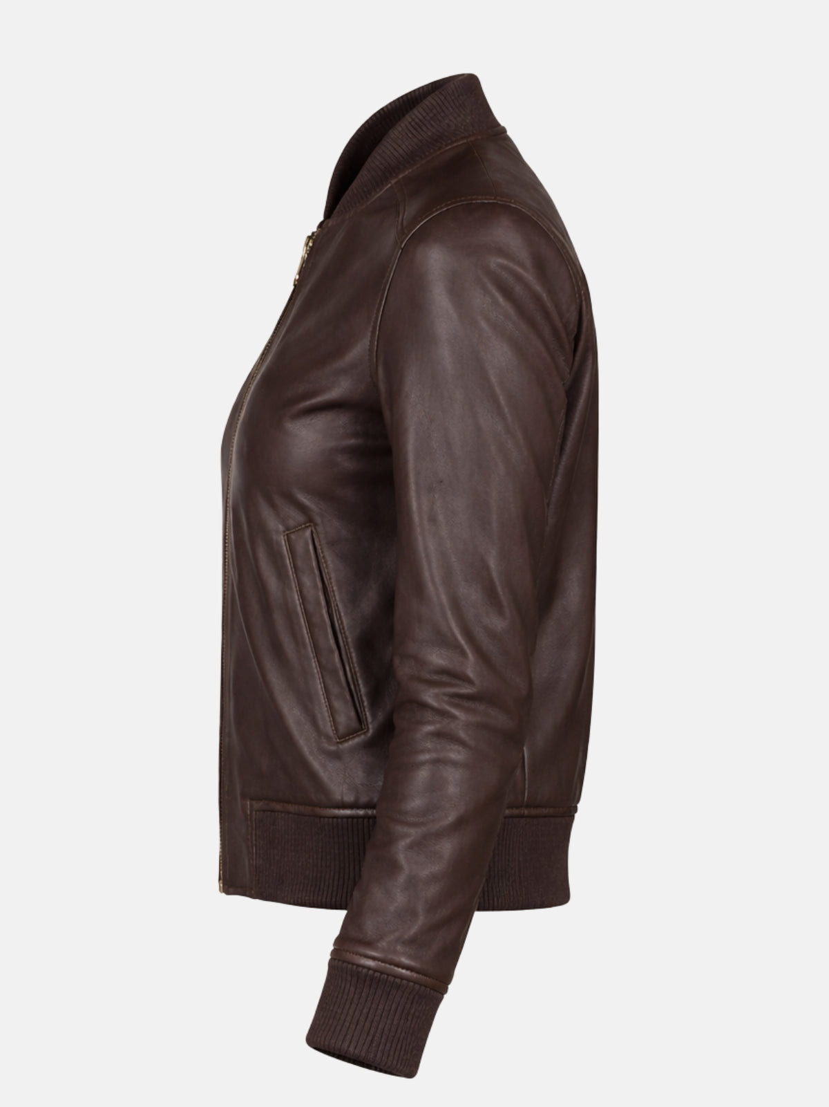 Women’s brown leather bomber jacket with ribbed collar and cuffs, right view