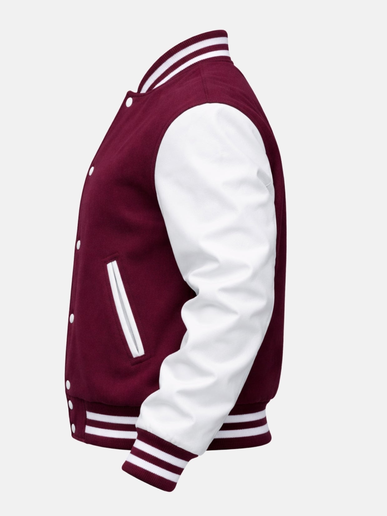 Women’s burgundy and white varsity jacket with ribbed trim, left view
