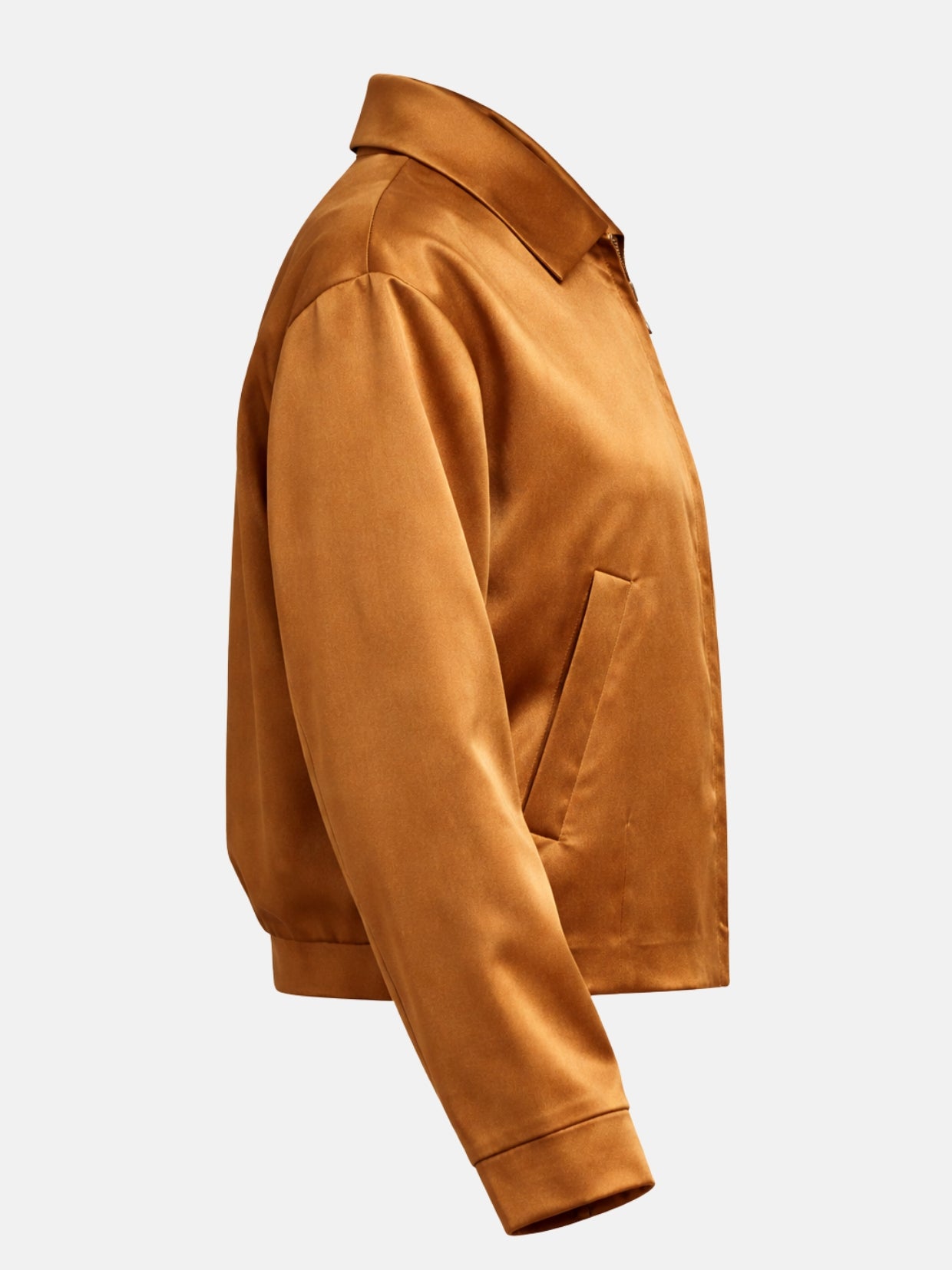 Women’s copper satin varsity jacket with black contrast sleeves and ribbed trim, right view