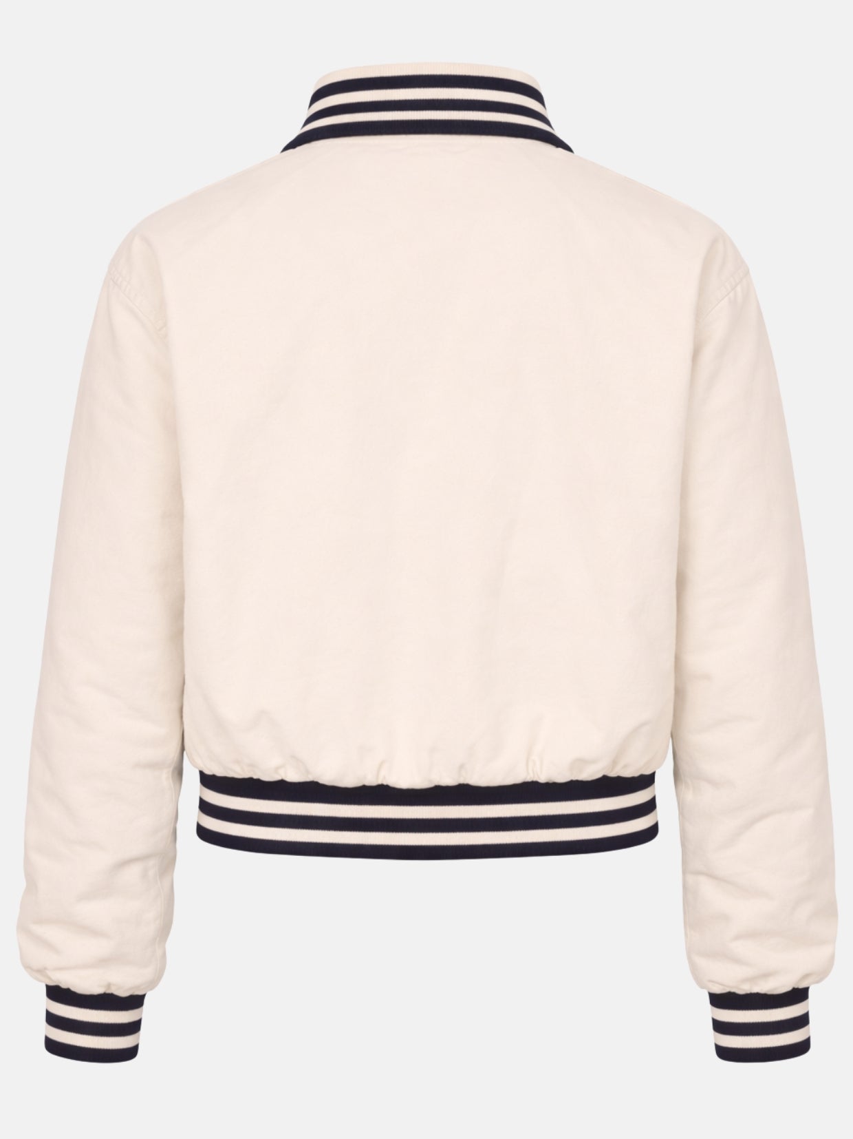 Women’s cream cotton varsity jacket with navy trim and ribbed cuffs, snap front, back view