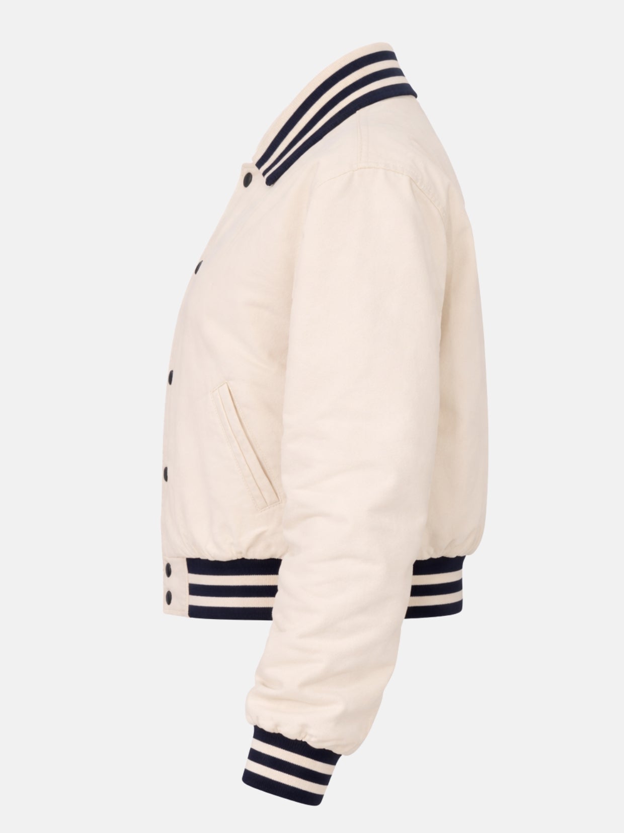 Women’s cream cotton varsity jacket with navy trim and ribbed cuffs, snap front, left view