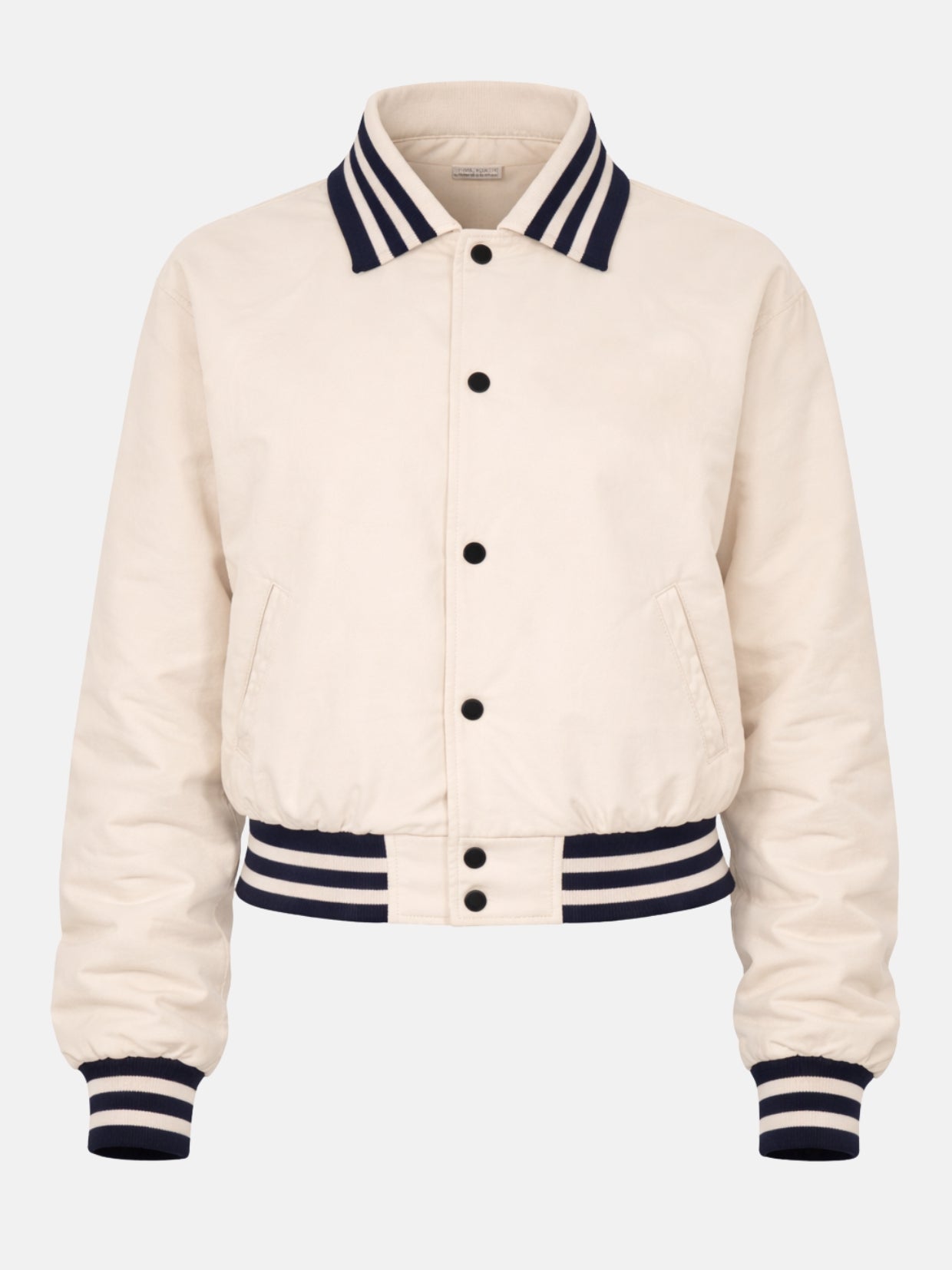 Women’s cream cotton varsity jacket with navy trim and ribbed cuffs, snap front, front view