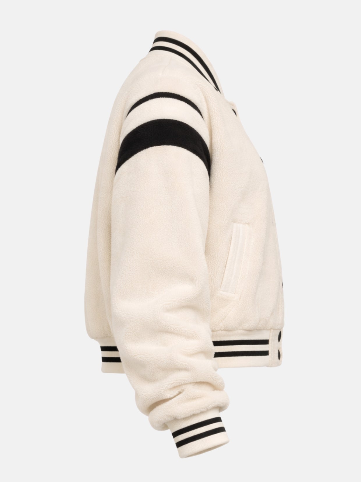 Women’s cream varsity jacket with plush sherpa fleece finish and ribbed trim, right view
