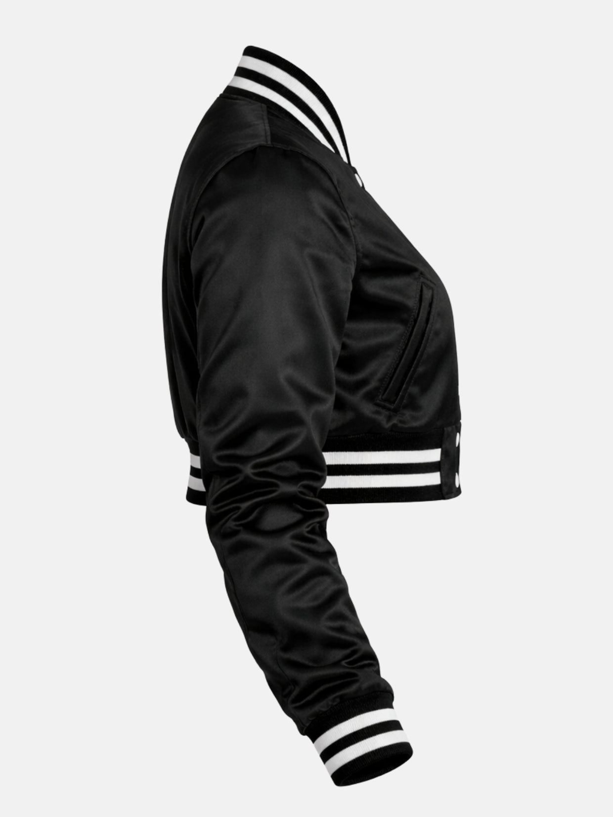 Women’s cropped black satin varsity jacket with ribbed trim and snap front, right view