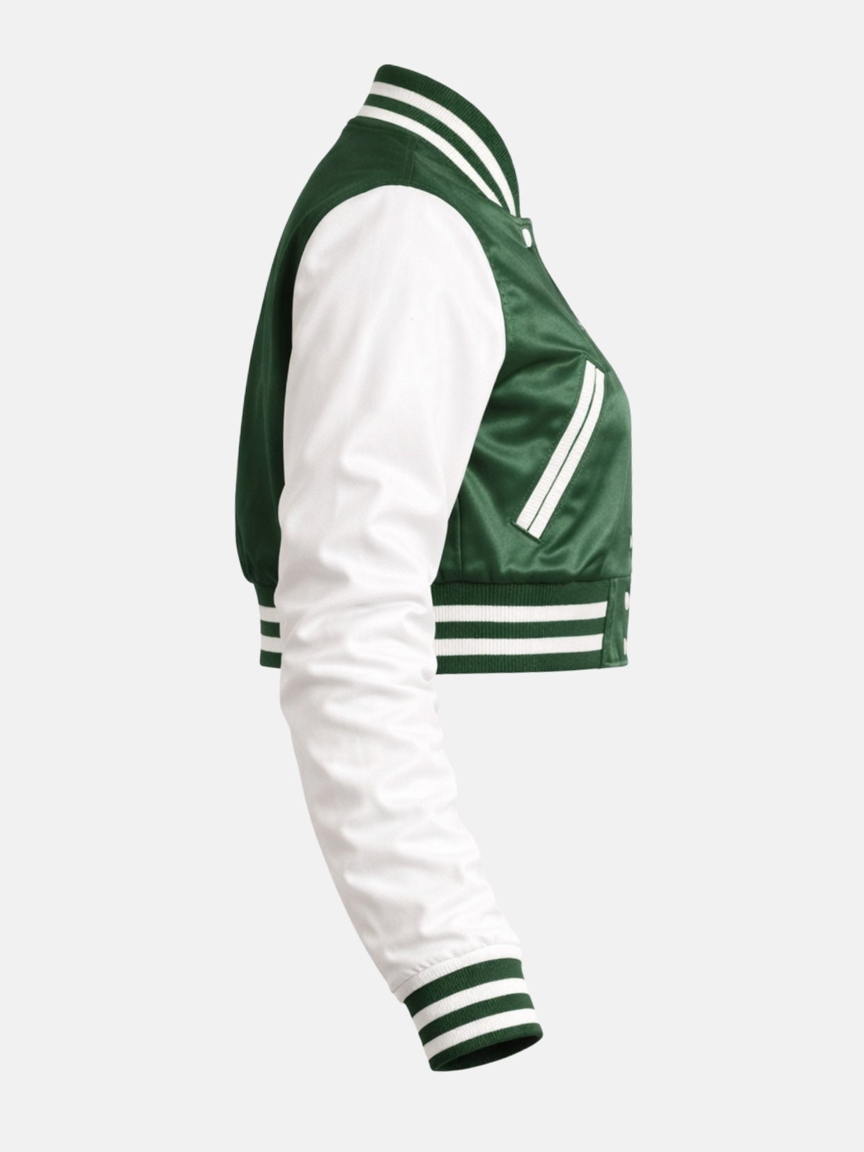 Women’s green cropped satin varsity jacket with ribbed trim, right view